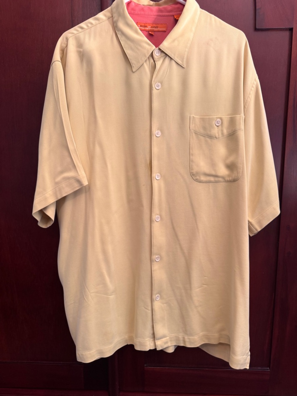 Short Sleeve 100% Silk Sette Ponti Mens Shirt Size XL Front Pocket Light Yellow
